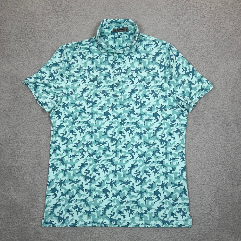 G/FORE Mens Skull & T's Camo Golf Polo Shirt Teal Blue Size Large L Short Sleeve